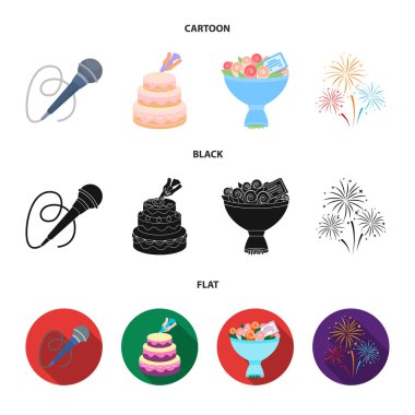 El bir kek krem, bir kablo ile bir mikrofon, bir buket gül bir tebrik kartı, bir festival selam ile yapmak. Etkinlik Hizmetleri toplama simgeler çizgi film, siyah, düz stil vektör simge stok ayarla.