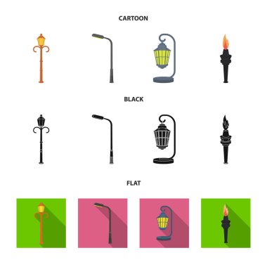 Retro tarzı, modern fener, meşale ve diğer tip-in sokak sokak lâmbası direği. Elektrik direği toplama simgeler çizgi film, siyah, düz stil vektör simge stok çizim web içinde ayarla..