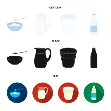 Süzme peynir, bir cam, kefir bir şişe, bir sürahi kase. Moloko toplama simgeler çizgi film, siyah, düz stil vektör simge stok çizim web içinde ayarla..