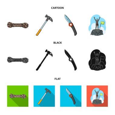 Dağcı fethedilen top, ip, bıçak, çekiç bobin. Dağcılık toplama simgeler çizgi film, siyah, düz stil vektör simge stok çizim web içinde ayarla..
