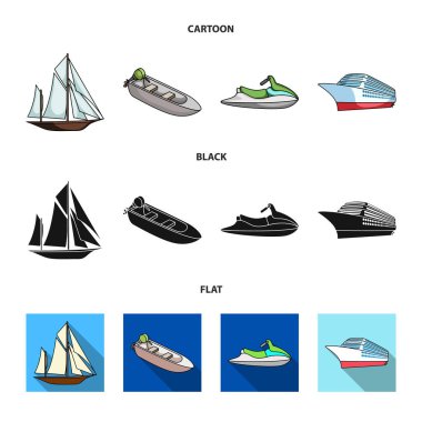 Antik Yelkenli, motorlu tekne, scooter, deniz gemisi. Gemi ve Su ulaştırma araçları toplama simgeler çizgi film, siyah, düz stil vektör simge stok çizim web ayarla.