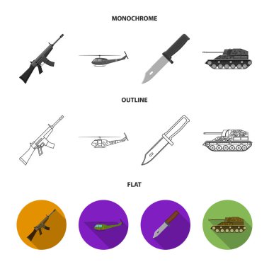 Saldırı tüfeği M16, helikopter, tank, savaş bıçak. Askeri ve ordu toplama simgeler koymak düz, anahat, tek renkli stil vektör simge stok çizim web.