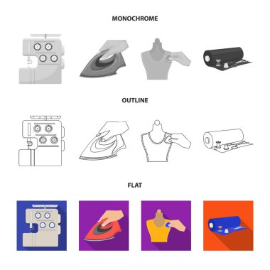 Elektrikli dikiş makinesi, Ütü, tebeşir giyim, kumaş rulo ve diğer ekipmanlar ile işaretleme için demir. Dikiş ve ekipman toplama simgeler koymak düz, anahat, tek renkli stil vektör simgesi