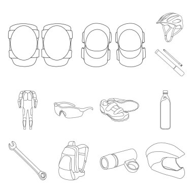 Bisiklet kıyafeti anahat simgeleri set koleksiyonu tasarım için. Bisiklet ve araç vektör simge stok web çizim.