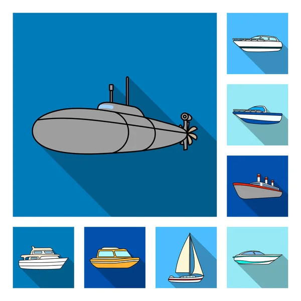 Icone piatte per il trasporto dell'acqua e del mare nella collezione set per il design. Una varietà di barche e navi vettoriale simbolo stock web illustrazione . — Vettoriale Stock