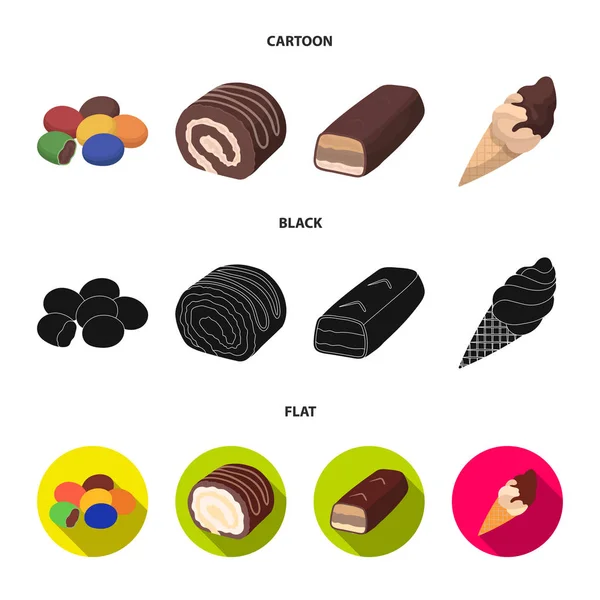 Dragee, roll, barra de chocolate, helado. Los postres de chocolate establecen iconos de la colección en dibujos animados, negro, vector de estilo plano símbolo stock ilustración web . — Vector de stock