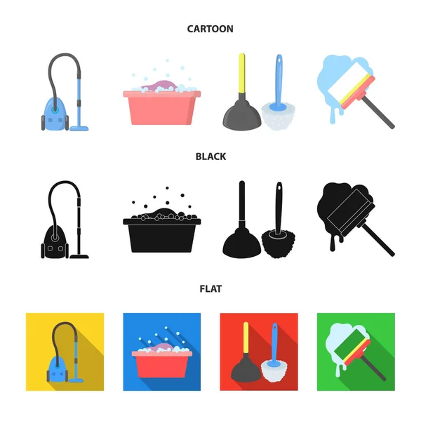 Cleaning and maid cartoon,black,flat icons in set collection for design. Equipment for cleaning vector symbol stock web illustration. — Stock Vector