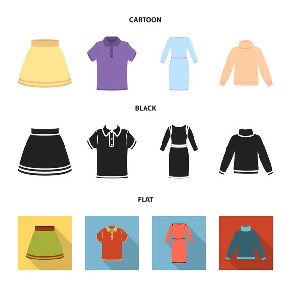 Rock, T-Shirt, Pullover, Kleid mit langen Ärmeln.Kleidung Set Sammlung Symbole in Cartoon, schwarz, flachen Stil Vektor Symbol Stock Illustration Web. — Stockvektor