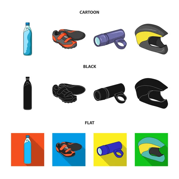一瓶水, 一双运动鞋, 一辆自行车的手电筒, 一个防护头盔。自行车套装集合图标在卡通, 黑色, 平面式矢量符号股票插画网站. — 图库矢量图片