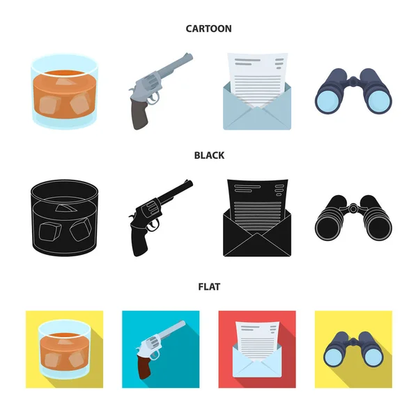 A glass of whiskey, a gun, binoculars, a letter in an envelope.Detective set collection icons in cartoon, black, flat style vector symbol stock illustration web . — стоковый вектор