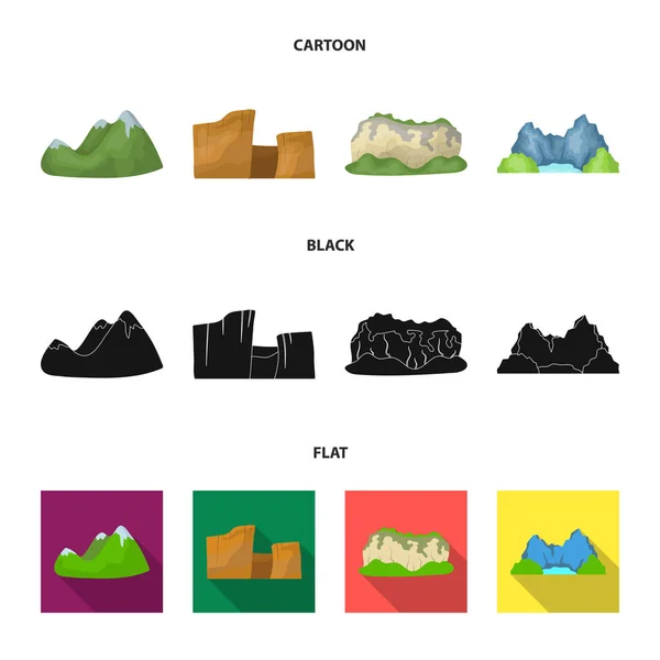 Зеленые горы со снежными вершинами, каньон, скалы с лесами, лагуна и скалы. Различные горы набор иконки коллекции в мультфильме, черный, плоский стиль векторных символов иконок паутины . — стоковый вектор
