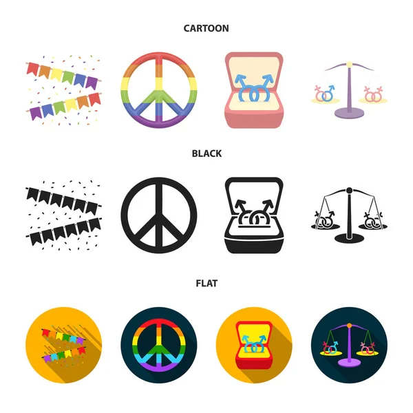 Banderas, arco iris, emblema, anillos. gay conjunto colección iconos en dibujos animados, negro, plano estilo vector símbolo stock ilustración web . — Vector de stock