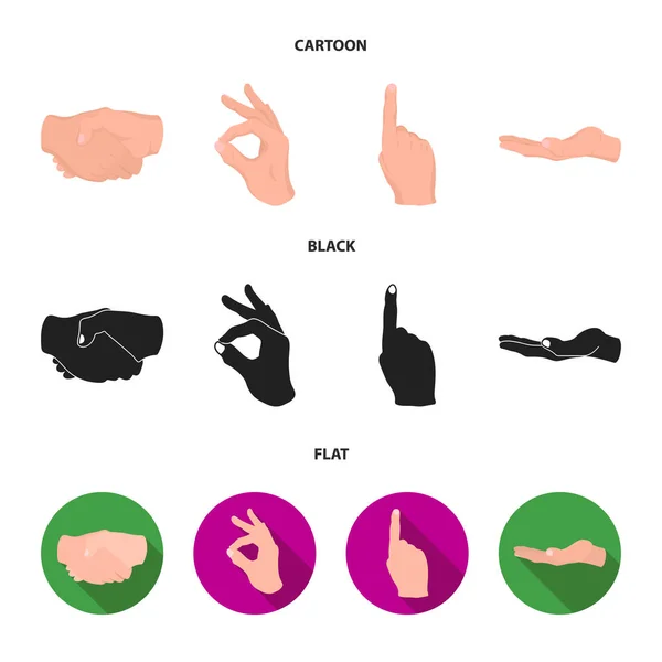 Um aperto de mão, está bem, indexe, palma. mão gesturesv conjunto coleção ícones em desenhos animados, preto, estilo plano símbolo vetorial estoque ilustração web . —  Vetores de Stock
