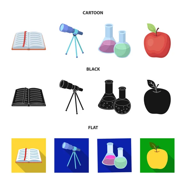 Un livre ouvert avec un signet, un télescope, des flacons avec des réactifs, une pomme rouge. Écoles et éducation set collection icônes en dessin animé, noir, plat style vectoriel symbole illustration web . — Image vectorielle