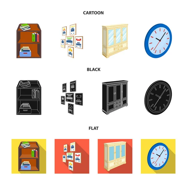 Cabinet, shelving with books and documents, frames on the wall, round clocks. Office interior set collection icons in cartoon,black,flat style isometric vector symbol stock illustration web. — Stock Vector