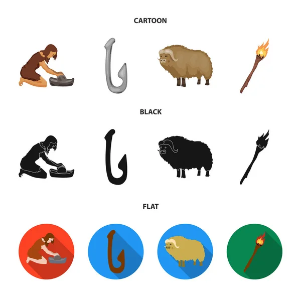 Cattle, catch, hook, fishing .Stone age set collection icons in cartoon,black,flat style vector symbol stock illustration web. — Stock Vector