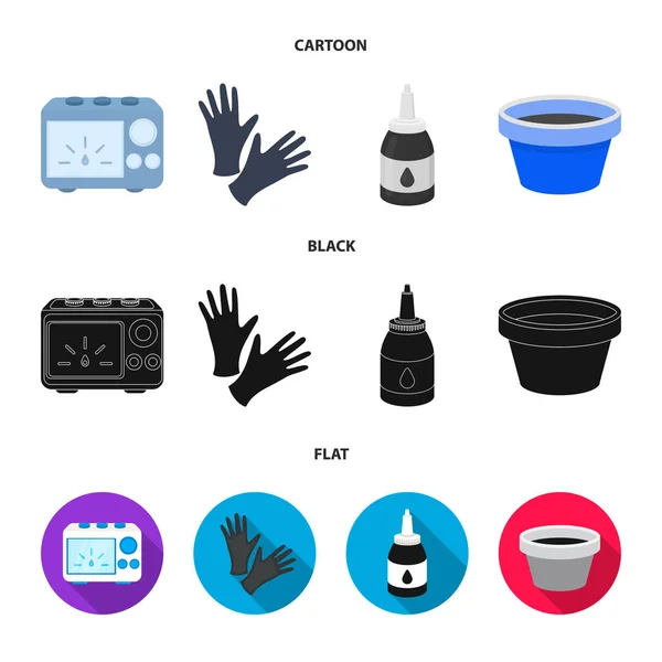 Rękawice gumowe, atramentu i innych urządzeń. Tatuaż zestaw kolekcji ikon w www ilustracji symbol wektor rysunek, czarny, płaski. — Wektor stockowy