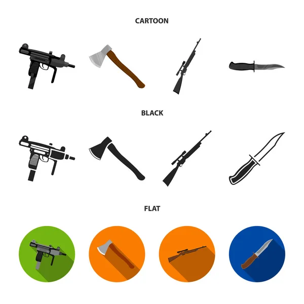 Ax, rifle de atirador automático, faca de combate. Conjunto de armas ícones de coleção em desenhos animados, preto, estilo plano símbolo vetorial ilustração web . — Vetor de Stock