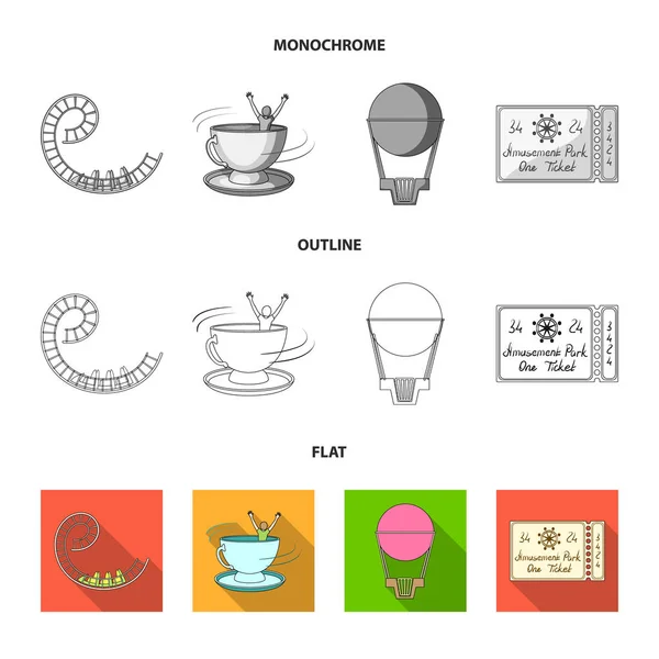 Paseo en montaña rusa, globo con cesta, taza de caruelle, entrada al parque. Parque de atracciones conjunto de iconos de colección en plano, contorno, estilo monocromo vector símbolo stock ilustración web . — Archivo Imágenes Vectoriales