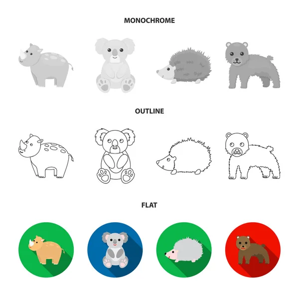 Rhino, koala, panthère, hérisson. Ensemble d'animaux icônes de la collection à plat, contour, symbole vectoriel de style monochrome illustration web . — Image vectorielle