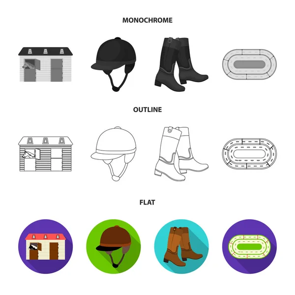 Botas, hierba, estadio, pista, resto .Hippodrome y los iconos de la colección conjunto de caballos en plano, contorno, estilo monocromo vector símbolo stock illustration web . — Archivo Imágenes Vectoriales