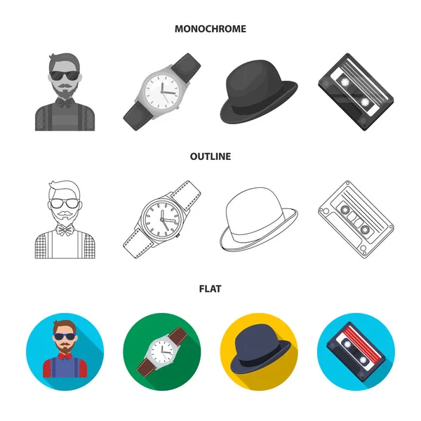 Hipster, moda, estilo, subcultura. Ícones de coleção de conjuntos de estilo Hipster em plano, contorno, estilo monocromático símbolo vetorial ilustração web . — Vetor de Stock