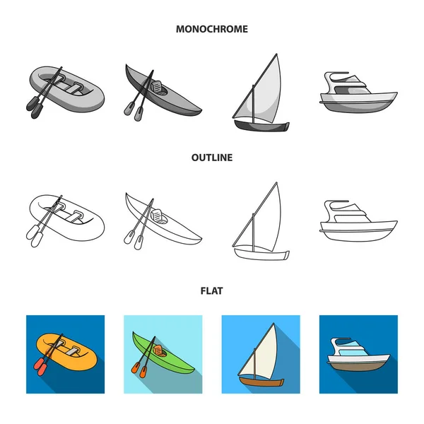 Un barco de pesca de goma, un kayak con remos, una goleta de pesca, un yate de motor.Los buques y el transporte acuático establecen iconos de colección en plano, contorno, estilo monocromo vector símbolo stock ilustración web . — Vector de stock