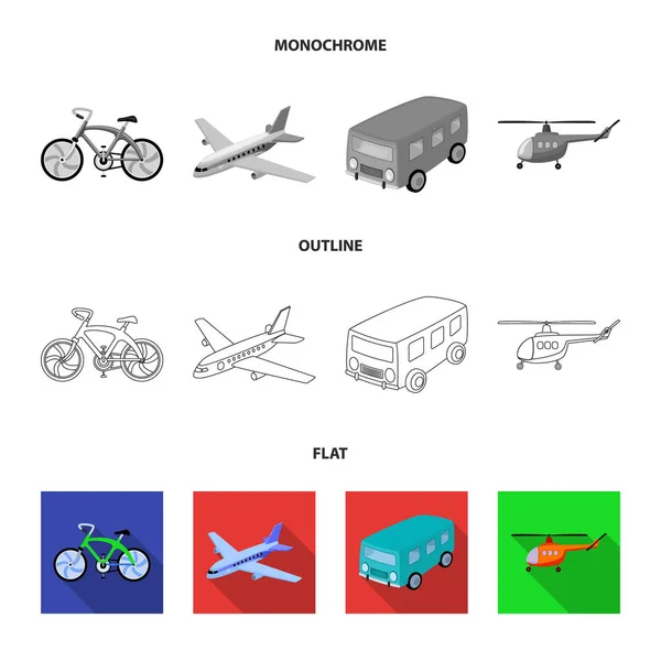 Fiets, vliegtuig, bus, helikopter vormen van vervoer. Transportset collectie iconen in flat, omtrek, zwart-wit stijl vector symbool stock illustratie web. — Stockvector