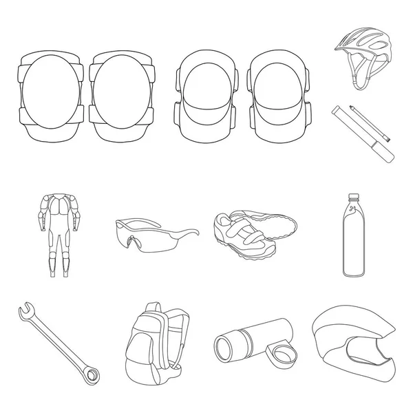 Abito bicicletta contorno icone nella collezione set per il design. Bicicletta e strumento vettoriale simbolo stock web illustrazione . — Vettoriale Stock