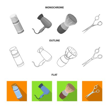 Fırça, makas, Elektrikli saç kurutma makinesi ve ekipman erkek kuaför salonu için diğer. Berber dükkanı toplama simgeler koymak düz, anahat, tek renkli stil vektör simge stok çizim web.