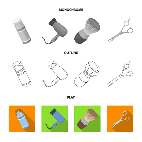 Pędzel, nożyczki, elektryczną suszarkę do włosów i inne urządzenia dla mężczyzn salon fryzjerski. Barbershop zestaw kolekcji ikon w płaskim, konspekt, www ilustracji symbol wektor styl monochromatyczny. — Wektor stockowy