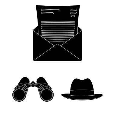 Set koleksiyonu tasarım için simgeler siyah dedektif ve öznitelikleri. Dedektif ajansı vektör simge stok web çizim.