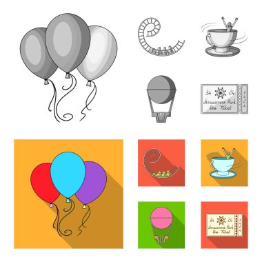 Roller coaster binmek, balon sepet, caruelle Kupası, parkın girişinde bir bilet ile. Eğlence Parkı toplama simgeler tek renkli, düz stil vektör simge stok çizim web ayarla..
