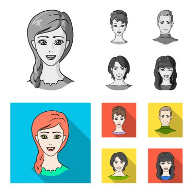 Gençlerin farklı görünüyor. Avatar ve yüz toplama simgeler tek renkli, düz stil vektör simge stok çizim web ayarla.