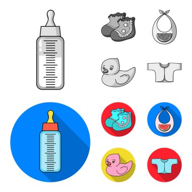 Çorap, önlük, oyuncak ördek, raspashonka. Bebek set simgeler tek renkli, düz stil vektör simge stok çizim web tarihi..