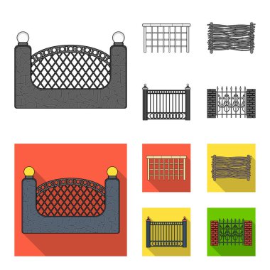 Metal ve tuğla, ahşap çit çit. Farklı bir çit toplama simgeler tek renkli, düz stil vektör simge stok çizim web ayarla..