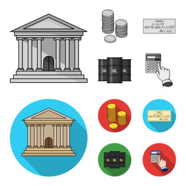 Sikke, bir banka çeki, bir hesap makinesi, siyah altın yığını. Para ve Finans tek renkli, düz stil vektör simge stok çizim web simgeler ayarla.