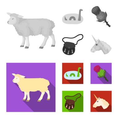 Loch Ness canavarı, thistle çiçek, tek boynuzlu at, sporan. İskoçya ülke toplama simgeler tek renkli, düz stil vektör simge stok çizim web ayarla..