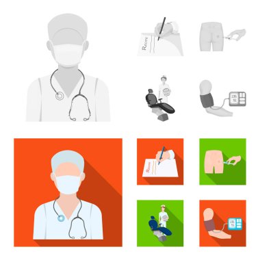 Kas içi enjeksiyon reçete, diş hekimi, kan basıncı ölçüm. Tek renkli, düz stil vektör simge stok çizim web Medicineset koleksiyon simgeler.