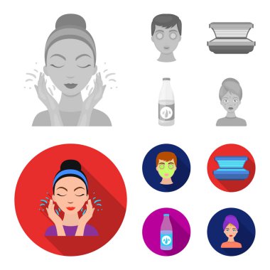 Yüz maskesi, Solaryum, şişe ts lasenom, yüzünde sivilce. Cilt Bakımı toplama simgeler tek renkli, düz stil vektör simge stok çizim web içinde ayarla..