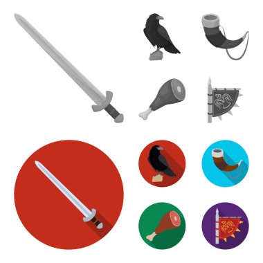 Karga, boynuz içki, jambon, zafer bayrak ile oturuyor. Vikingler toplama simgeler tek renkli, düz stil vektör simge stok çizim web ayarla..