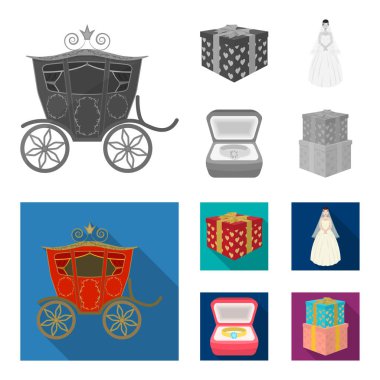 Düğün ve öznitelikleri çizgi film, düz, anahat, siyah simgeler set koleksiyonu tasarım için. Sembol stok web illüstrasyon vektör yeni evliler ve aksesuarları.