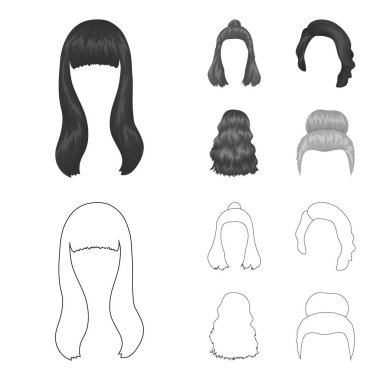 Saç uzun, kırmızı ve diğer türleri. Arka saç toplama simgeler anahat, tek renkli stil vektör simge stok çizim web ayarla..