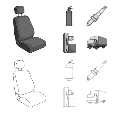 Koltuk başlığına takılan mikrofonlu, yangın söndürücü, araba mum, benzin istasyonu, araba ile küme toplama simgeler anahat, tek renkli stil vektör simge stok çizim web sandalye.