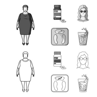 Tam kadın, gözlüklü bir kız, bir terazi ile mükemmel sonuç. Diabeth toplama simgeler anahat, tek renkli stil vektör simge stok çizim web ayarla..