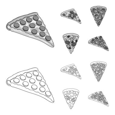 Bir dilim pizza farklı malzemelerle. Anahat, tek renkli stil vektör simge stok çizim web simgeler farklı pizza ayarla.