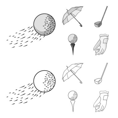 Bir uçan top, sarı bir şemsiye, bir golf kulübü, bir top bir stand. Golf Club toplama simgeler anahat, tek renkli stil vektör simge stok çizim web ayarla..