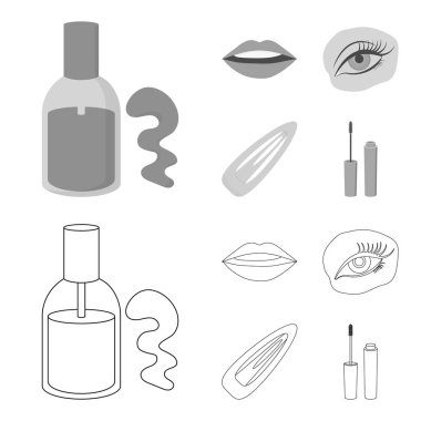 Tırnak Lehçe, renkli kirpikler, dudaklarla ruj, saç tokası. Makyaj koleksiyonu simgeleri anahat, tek renkli stil vektör simge stok çizim web ayarlamak..