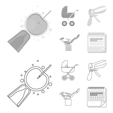 Suni tohumlama, Bebek arabası, enstrüman, jinekolojik sandalye. Gebelik toplama simgeler anahat, tek renkli stil vektör simge stok çizim web ayarla..