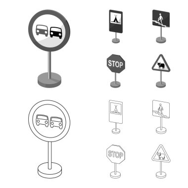 Yol işaretleri farklı türleri Anahat, set koleksiyonu tasarım için tek renkli simgeler. Uyarı ve yasağı işaretler sembol stok web illüstrasyon vektör.